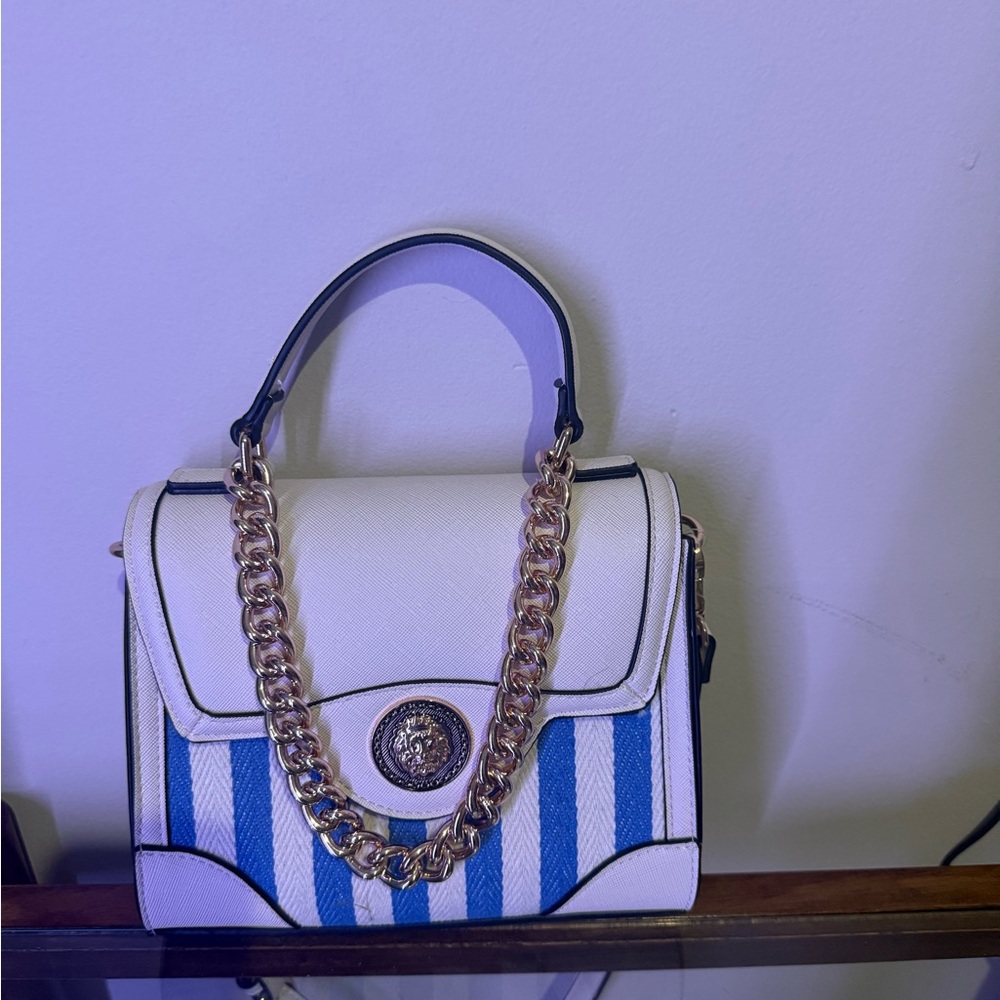 Blue Striped Purse with Gold Chain